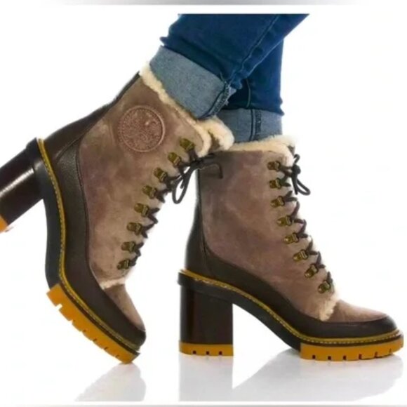Tory Burch Miller Lug Sole Ankle Boot Shearling Coconut Brown 9 - Picture 1 of 5